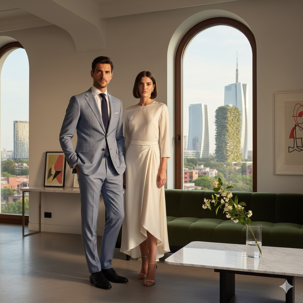 Modella elegante in abito di alta moda italiana su passerella di lusso