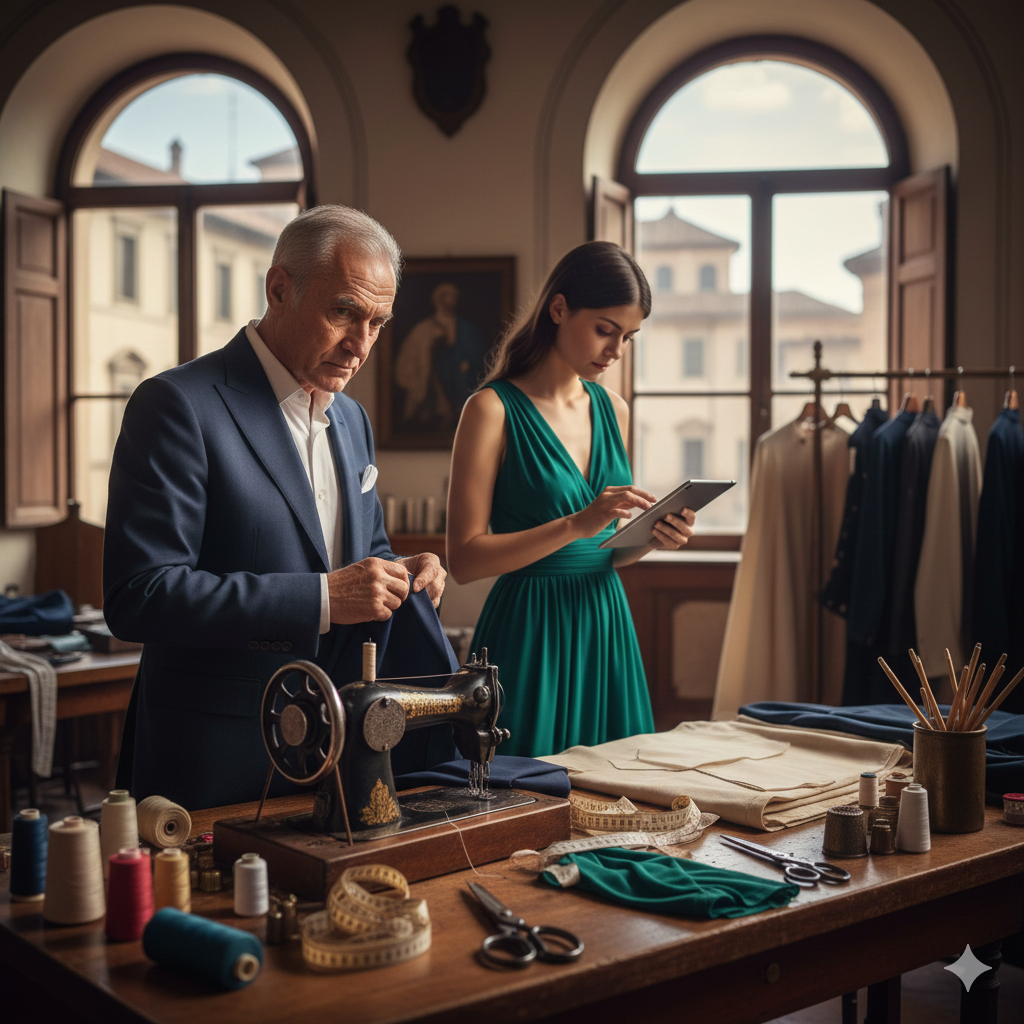 Atelier di moda italiana con tessuti pregiati e abiti su misura
