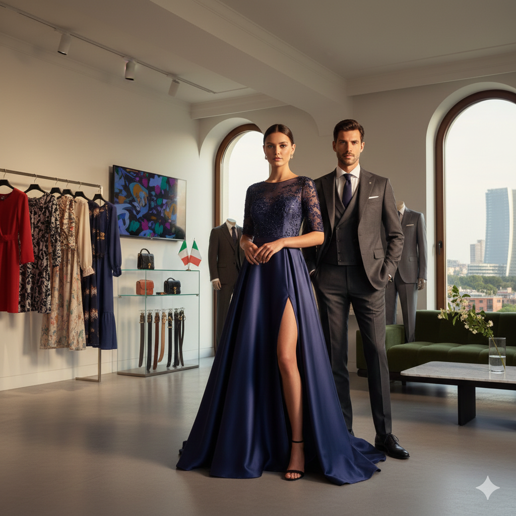 Collezione moda italiana 2025 con abiti eleganti su manichini